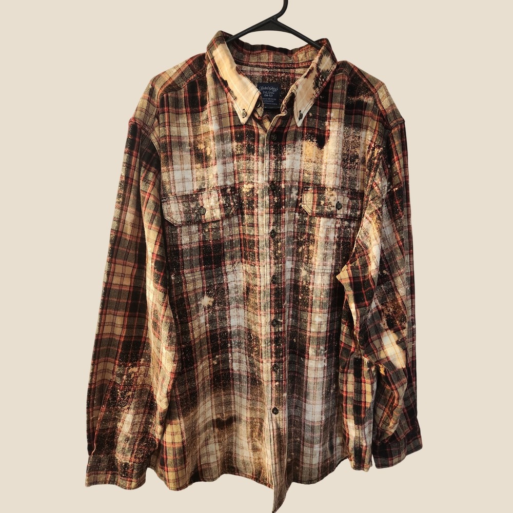Vintage Style Distressed Acid Wash Plaid Flannel Upcylcled 2X Grunge Goblincore